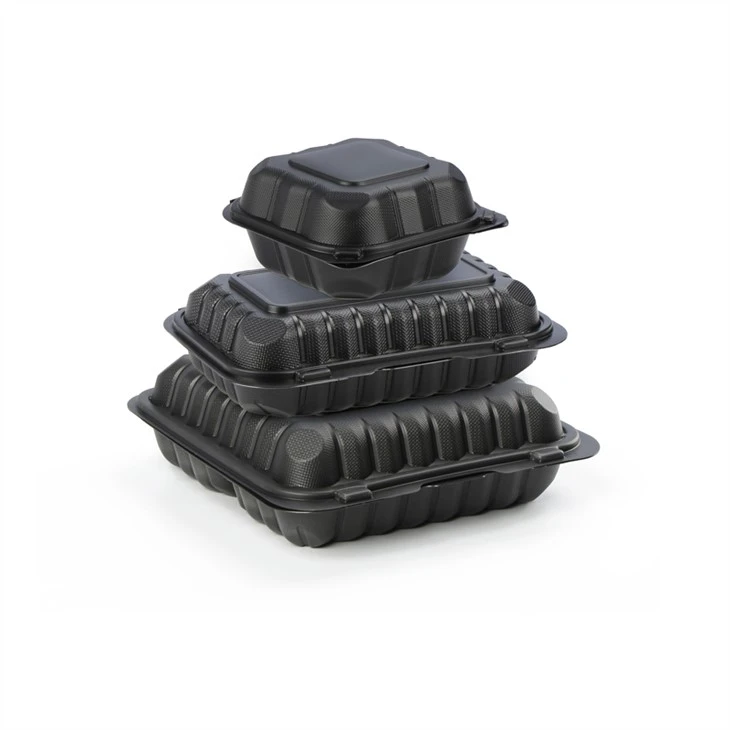Black Clamshell Meal Kan oppbevares i mikrobølgeovn. Takeaway engangs 9x9 matbeholdere i plast med tre rom